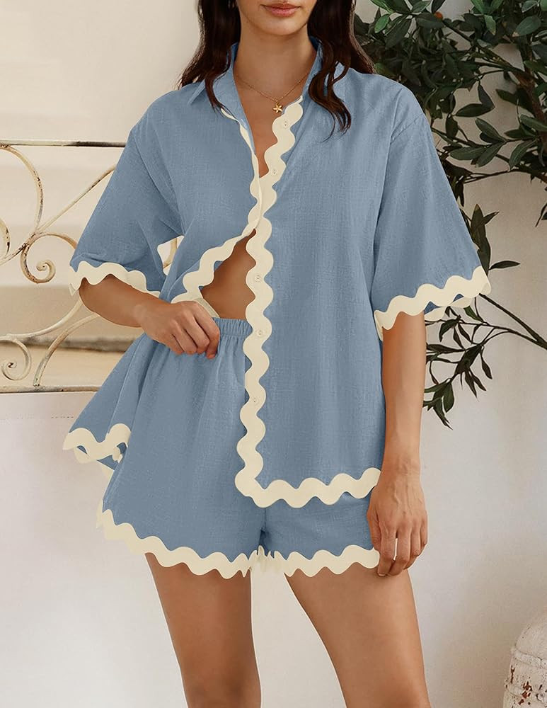 ZESICA Women's Button Down Pajama Set Line Short Sleeve Shirt and Shorts Pj Lounge Sets Sleepwear... | Amazon (US)