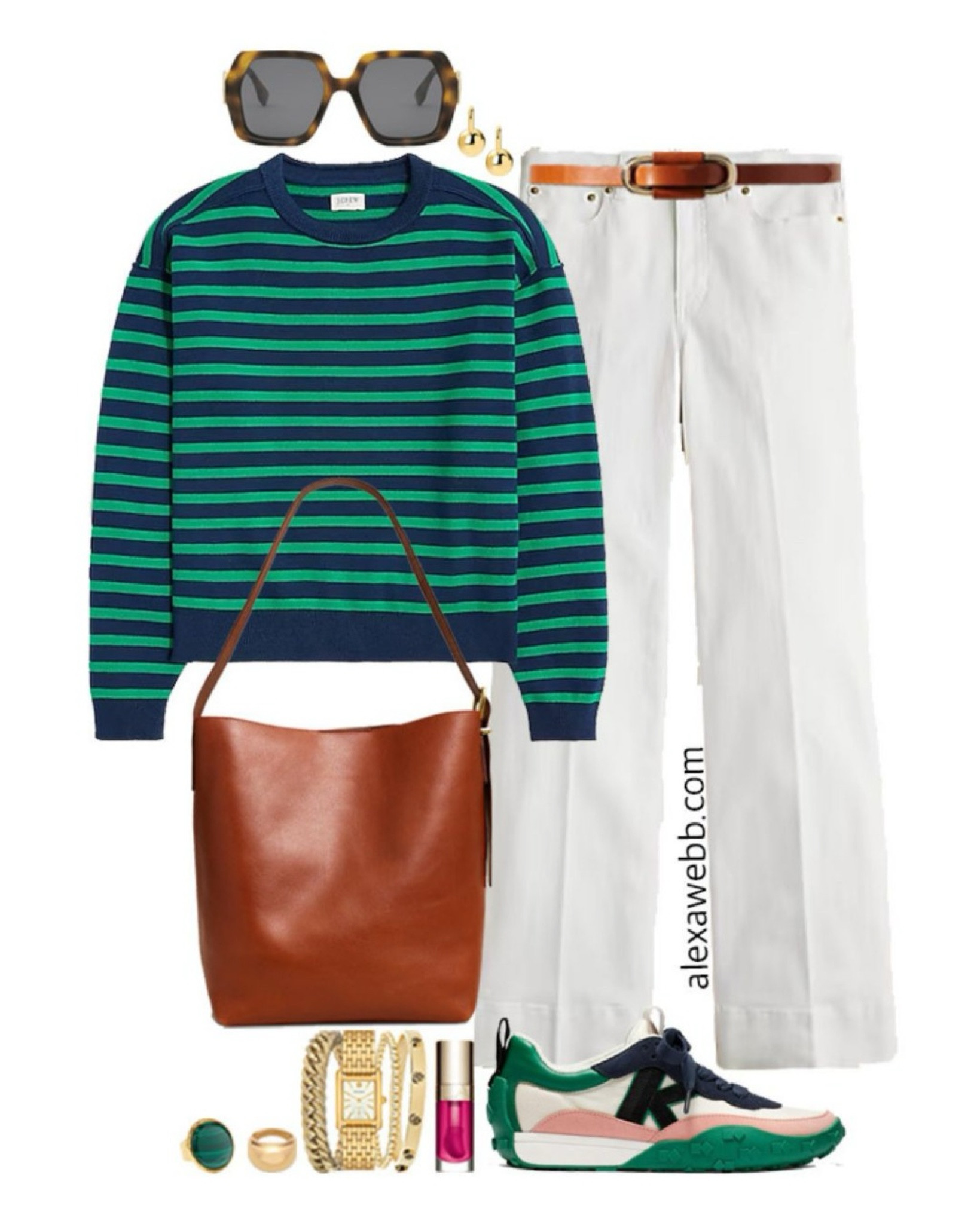 Plus Size Preppy White Jeans Outfits - A plus size spring outfit idea with a plus size navy and green striped long-sleeve tee, white trouser jeans, and Kate Spade sneakers. Alexa Webb #plussize

#LTKPlusSize #LTKOver40 #LTKStyleTip
