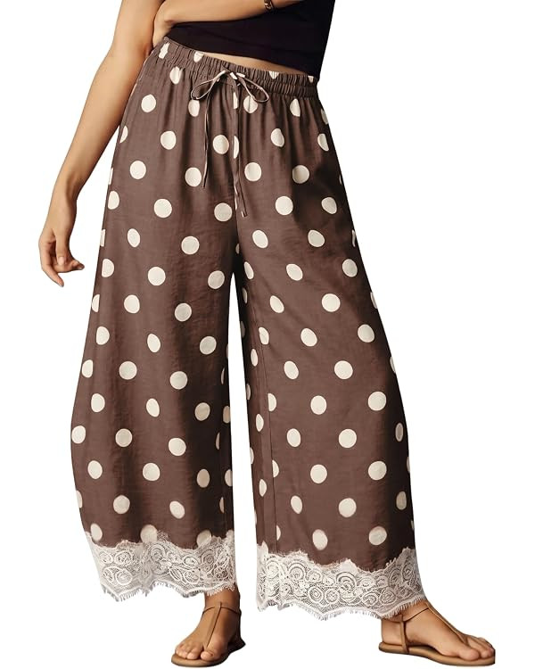Athlisan Womens Polka Dot Wide Leg Palazzo Pants High Waisted Summer Lace Trim Cropped Baggy Trou... | Amazon (US)