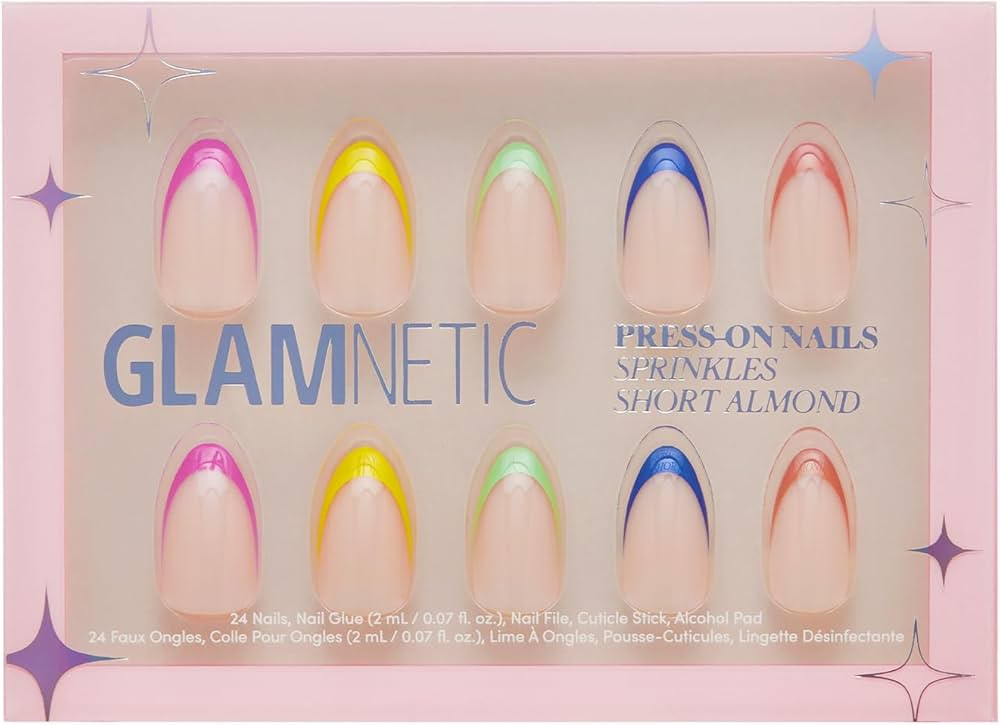 Glamnetic Press On Nails - Sprinkles | Rainbow French Tip Nails, UV Finish Short Pointed Almond S... | Amazon (US)
