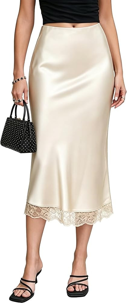 Women's Satin Lace Hem Midi Skirt Elastic High Waist Silk A-Line Flared Fishtail Casual Long Skir... | Amazon (US)