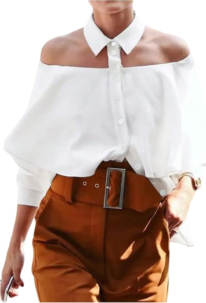 SOLY HUX Women's Off The Shoulder Button Down Shirt Collared 3/4 Sleeve Casual Tops Dressy Blouse | Amazon (US)