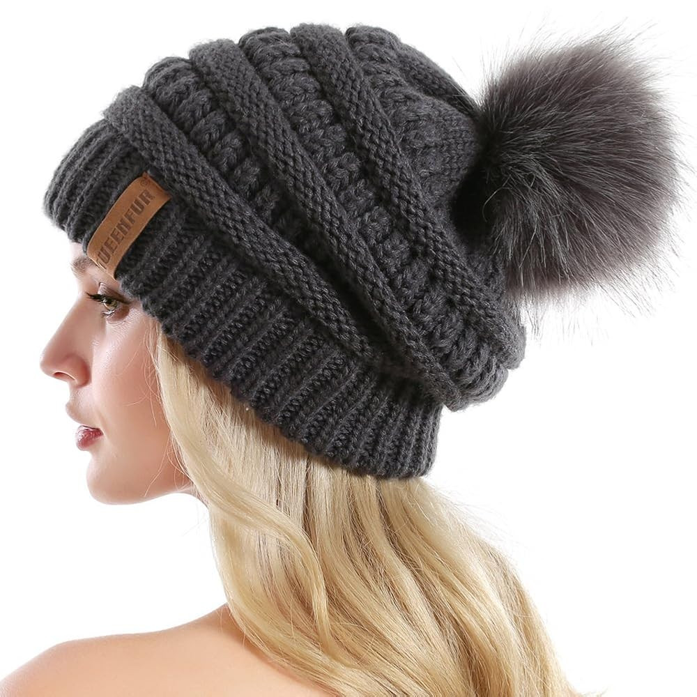 QUEENFUR Women Knit Slouchy Beanie Chunky Baggy Hat with Faux Fur Pompom Winter Soft Warm Ski Cap | Amazon (US)