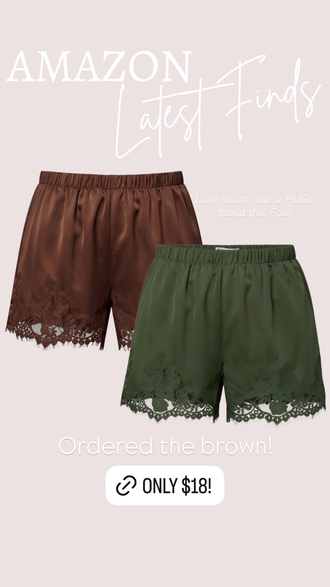 Ordered the brown!

 Lace shorts are a HUGE trend this Fall!