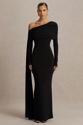 Octavia | Black Bardot-Neck Maxi Dress With Cape And Ruched Detailing | Club L London