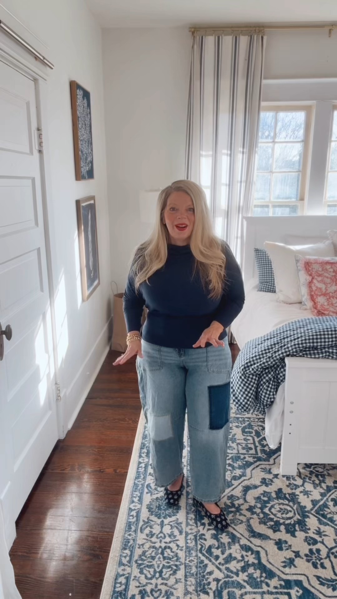The cutest patchwork jeans with this navy sweater and ballet flats. Run true to size. They are supposed to be cropped, but I’m 5 feet so they are full length on me. 

#LTKPetite #LTKootd #LTKOver40