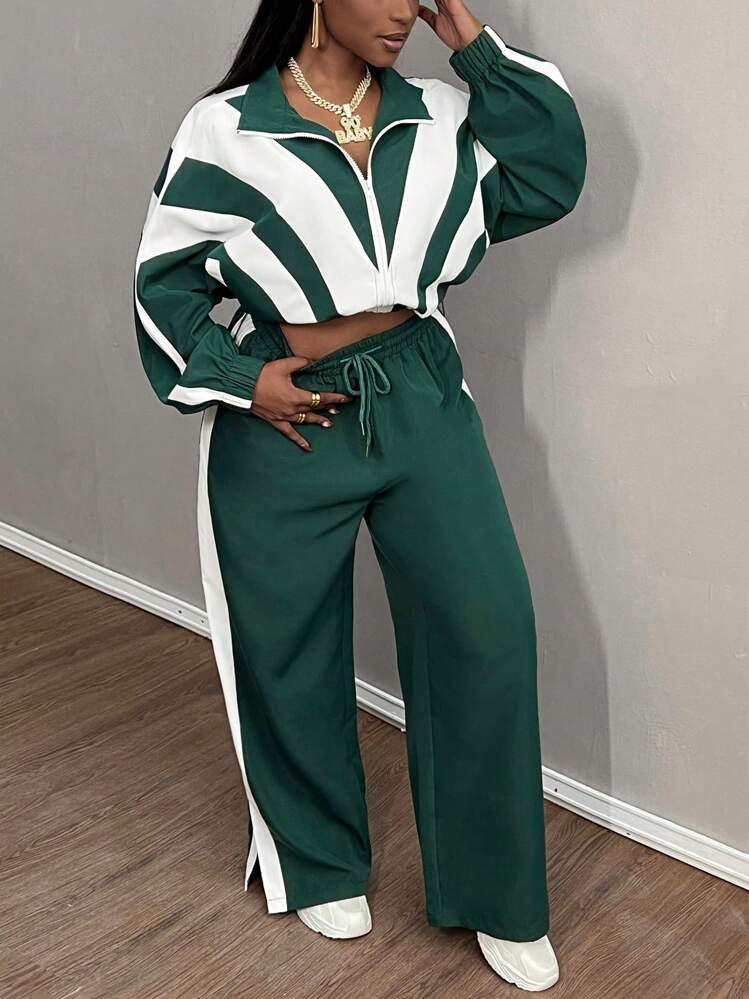 Slaydiva 2pcs/Set Women Contrast Color Splicing Zipper Long Sleeve Top And Drawstring Long Pants Sports Casual Suit | SHEIN