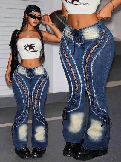 SHEIN ICON Women's Distressed Raw Hem Drawstring Waist Flare Leg Jeans | SHEIN