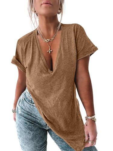 Tankaneo Womens Deep V Neck Short Sleeve T Shirts Side Slit Oversized Summer Loose Tunic Top | Amazon (US)