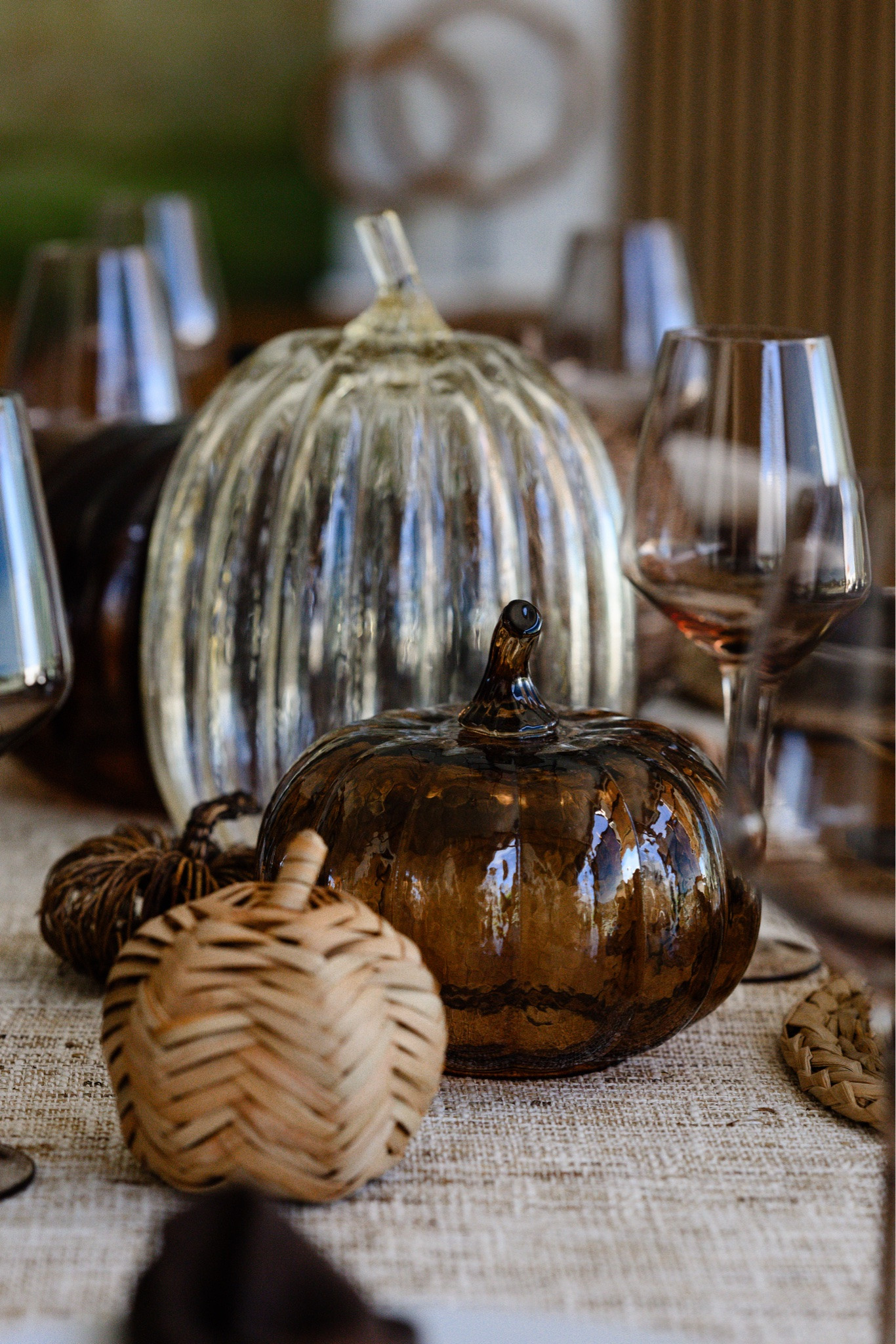 Fall tablescape mood 🍂 Smoky amber glass pumpkins mixed with woven rattan and a touch of gold make the coziest centerpiece for dinner parties all season long ✨

#LTKhome #LTKseasonal #LTKover40 

 #LTKSeasonal #LTKOver40 #LTKHome