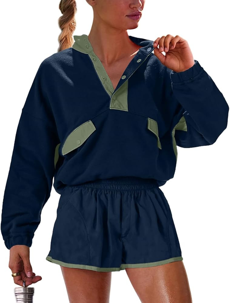 UNIANKIYA Womens Two Piece Matching Sets Long Sleeve Top Short Set with Pockets Casual Workout Lo... | Amazon (US)