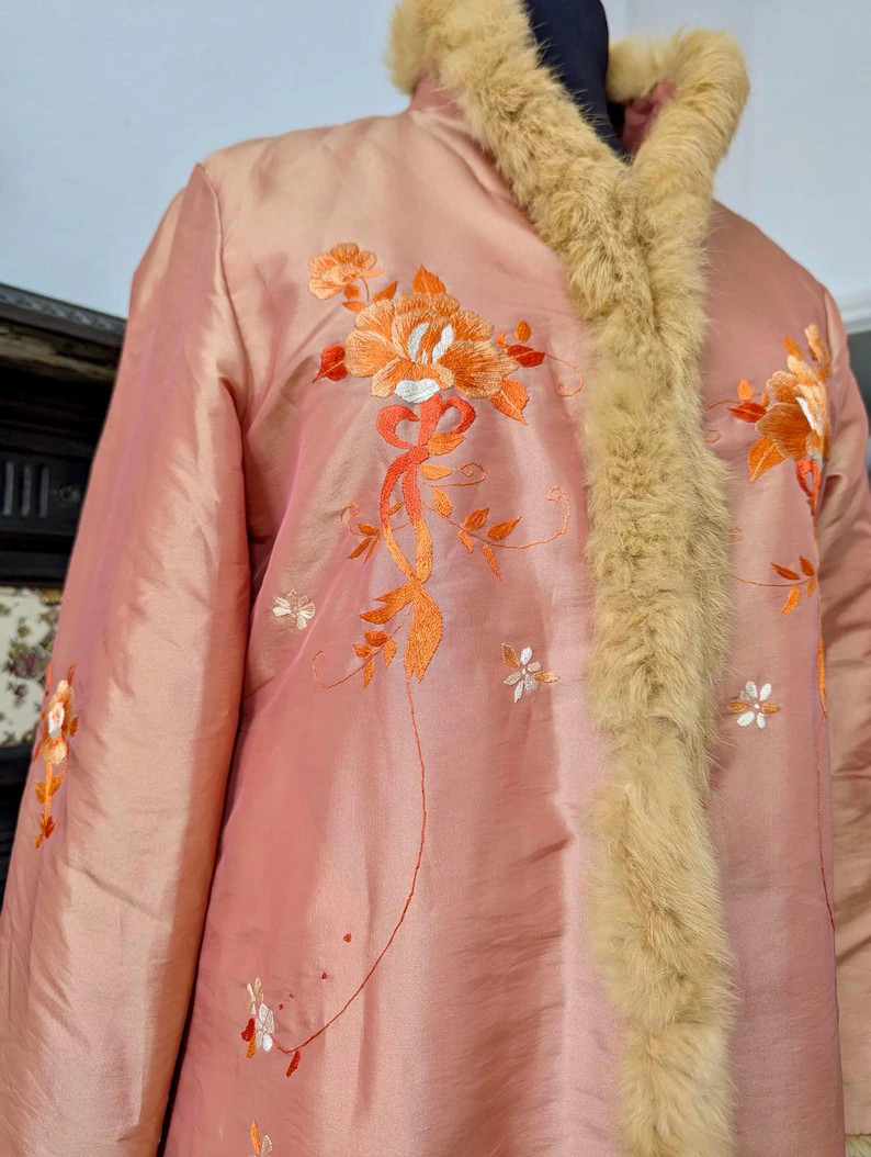 Vintage Embroidered Long Coat – UK 12–14 Faux Fur Trim & Floral Embroidery | Etsy (US)