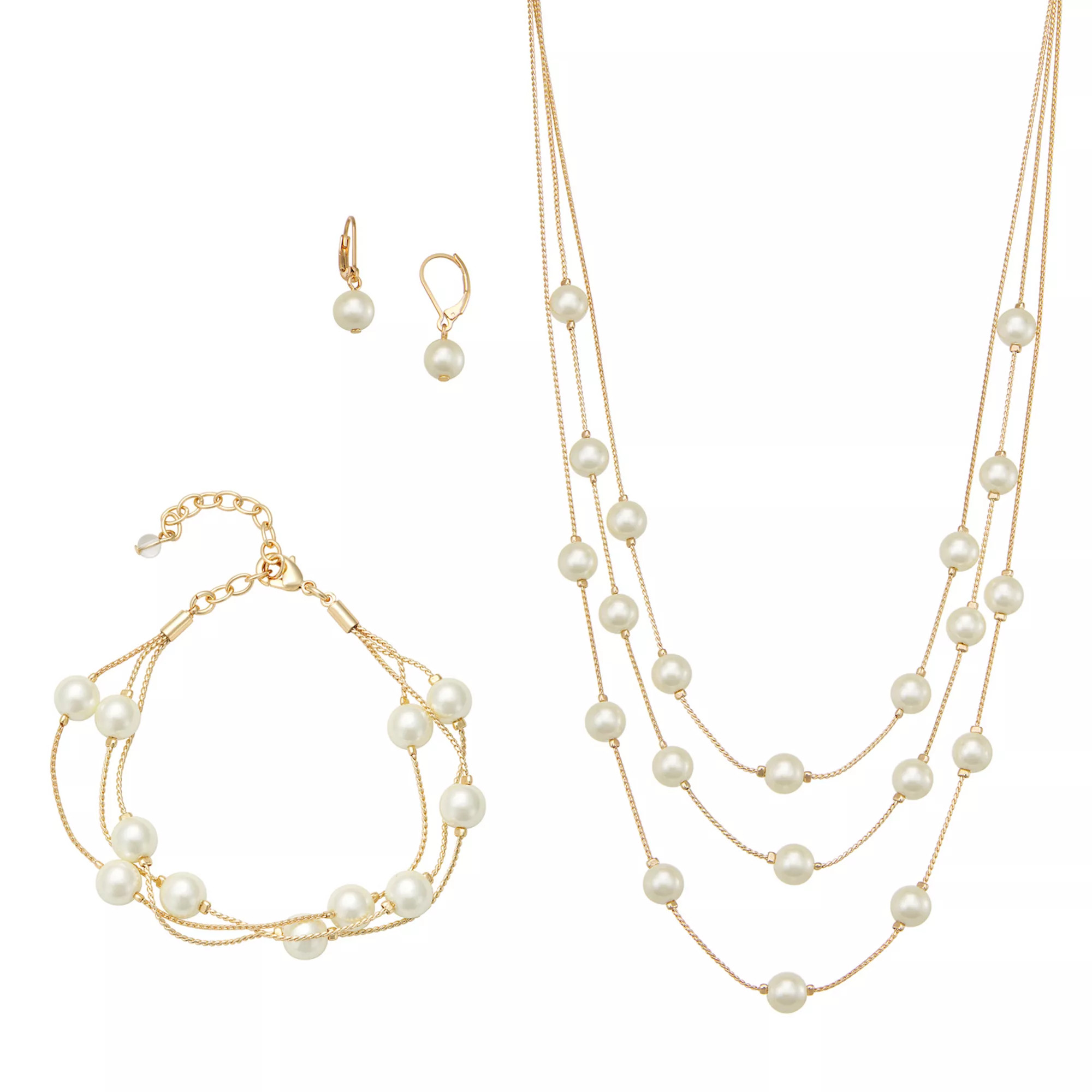 You're Invited Silver Tone Simulated Pearl Multi-Strand Necklace, Multi-Strand Bracelet, & Drop Earrings Set, Women's, Gold Tone | Kohl's