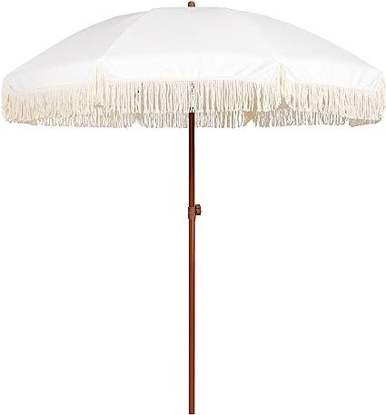 AMMSUN 7ft Patio Umbrella with Fringe Outdoor Tassel Umbrella UPF50+ Wood Color Steel Pole and St... | Amazon (US)