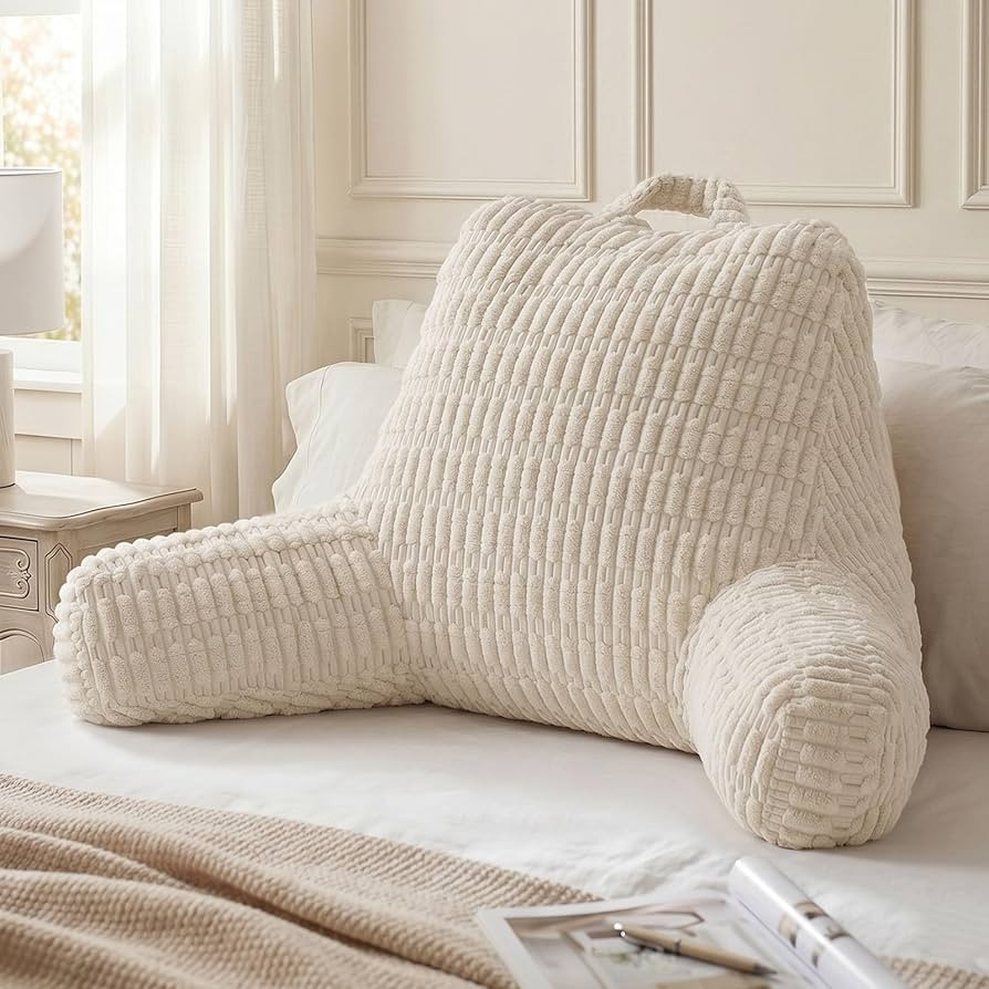 Blissful Diary Reading Pillow, Large Backrest Pillow with Shredded Memory Foam for Adult & Children, Designed for Bed and Couch Sitting Up, Includes Arms, Pockets and Washable Cover, Off White | Amazon (US)