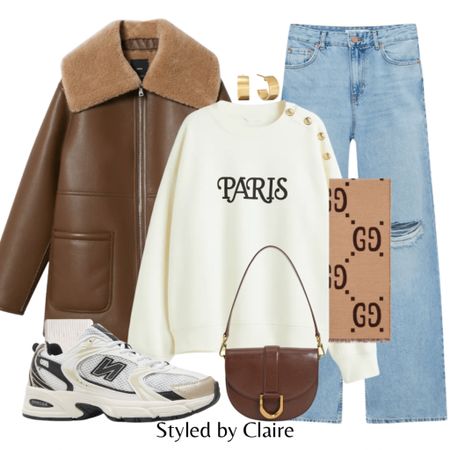 My top picks from the sales inspired this outfit🍁🤎
Tags: aviator chestnut jacket in neutral tones, ripped jeans in light wash, paris slogan jumper, new balance, gucci scarf, gold accessories. Fashion winter inspo outfit ideas

#LTKshoecrush #LTKstyletip #LTKSeasonal