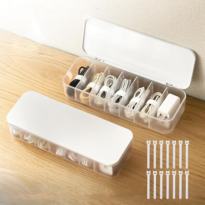 2 Pcs Cable Organizer Storage Box with 14 Wire Ties,Desktop Cable Management Box with Lid,Power Cord Organizer for Office,Home,Desk Accessories Storage Stationery Supplies White | Amazon (US)