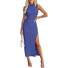MIROL Women's Sleeveless Bodycon Maxi Dress 2024 Mock Neck Ruched Side Slit Long Tank Dress | Amazon (US)