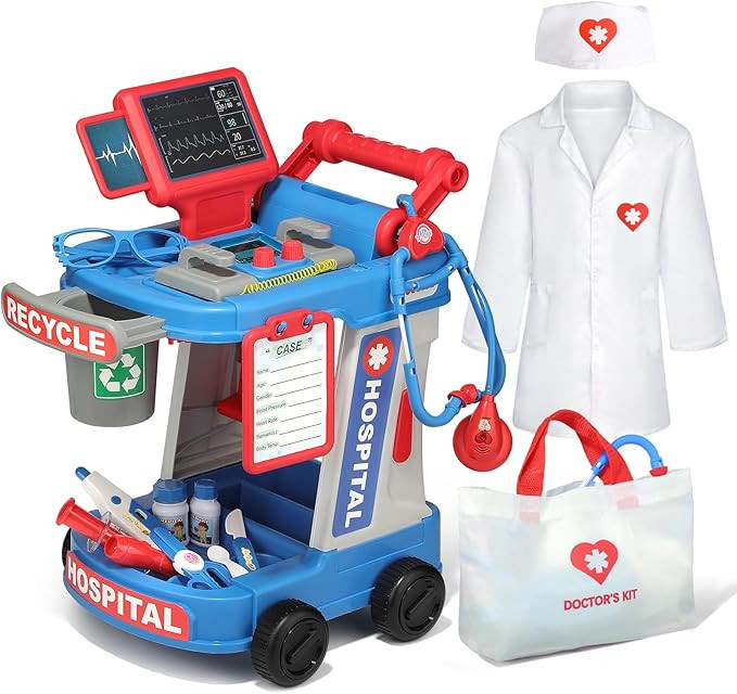 Doctor Kit for Toddlers 3 4 5, Kids Doctor Cart Play Set with Costume, Stethoscope and Medical Ba... | Amazon (US)