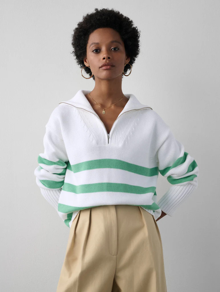 Organic Cotton Striped Quarter Zip | White and Warren