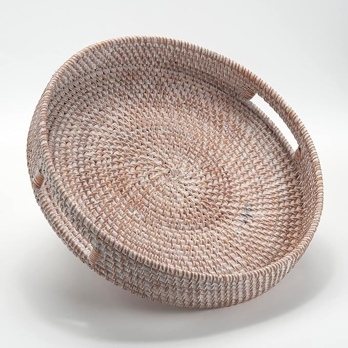 Coffee Table Tray Round Rattan Ottoman Tray Woven Serving Trays with Handles for Home and Kitchen... | Amazon (US)