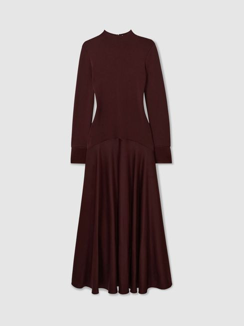 Florere Hybrid Knit-Satin Midi Dress in Burgundy | Reiss US