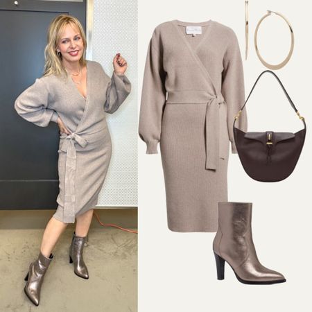 I fell for these bronze booties HARD! I am hunting for great sweater dresses and found this one. Tip: it’s a faux wrap so permanently stitch the crossover fabric at the chest. You can slide the dress over your head. Add a semi-casual bag. Wear to lunch, Thanksgiving..all over the town. 

#LTKover40 #LTKSeasonal #LTKshoecrush