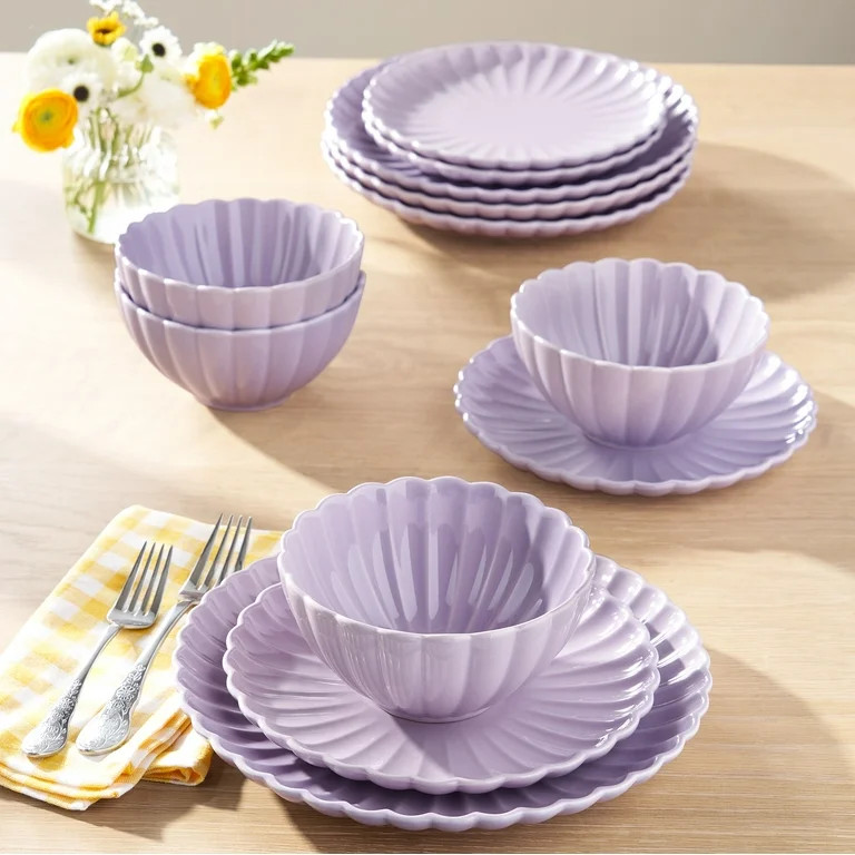 The Pioneer Woman Colette 12-Piece Stoneware Dinnerware Set, Purple | Walmart (US)