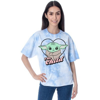 Star Wars Women's The Mandalorian Baby Yoda The Child Tie Dye Raw Edge Rough Hem Short Sleeve T-Shirt (Small) Blue | Target