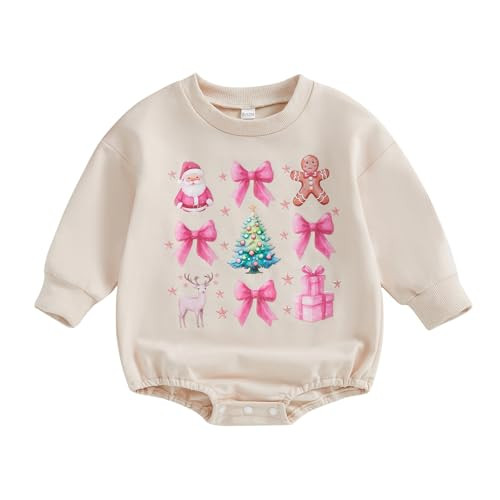 Baby Christmas Outfit Girl Boy Crewneck Sweatshirt Bubble Romper Sweater Jumpsuit Cute Fall Winter Clothes (Santa Bowknot Khaki, 6-12 Months) | Amazon (US)