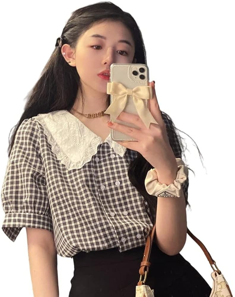 Korean Style Summer Shirts French Plaid Shirts Women's Doll Collar Puff Sleeve Tops | Amazon (US)