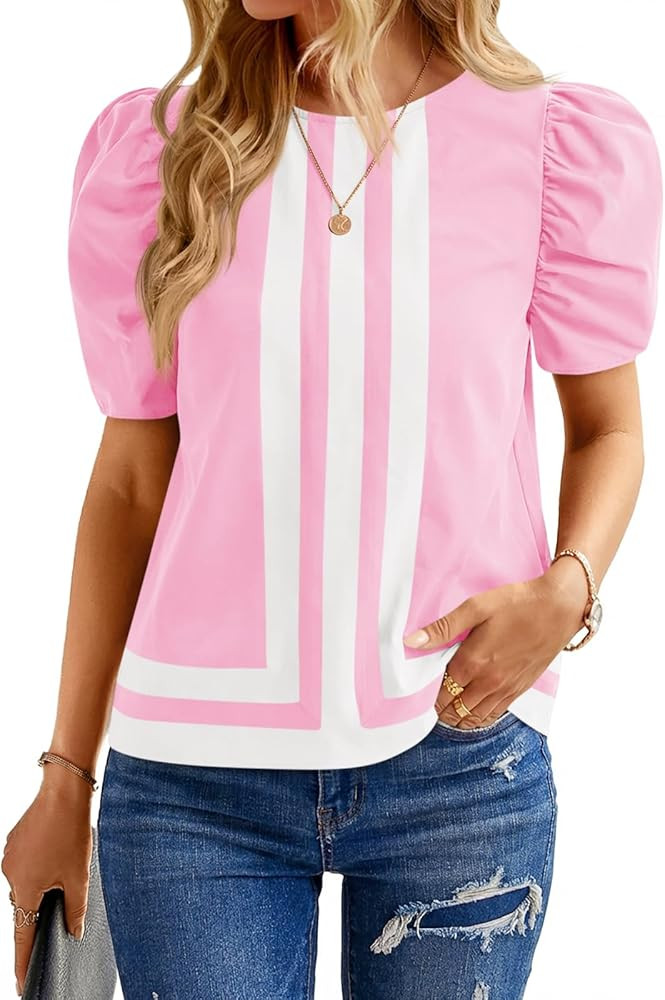 Cicy Bell Womens Summer Puff Sleeve Blouses Striped Color Block Cropped Tops Casual Round Neck Sh... | Amazon (US)