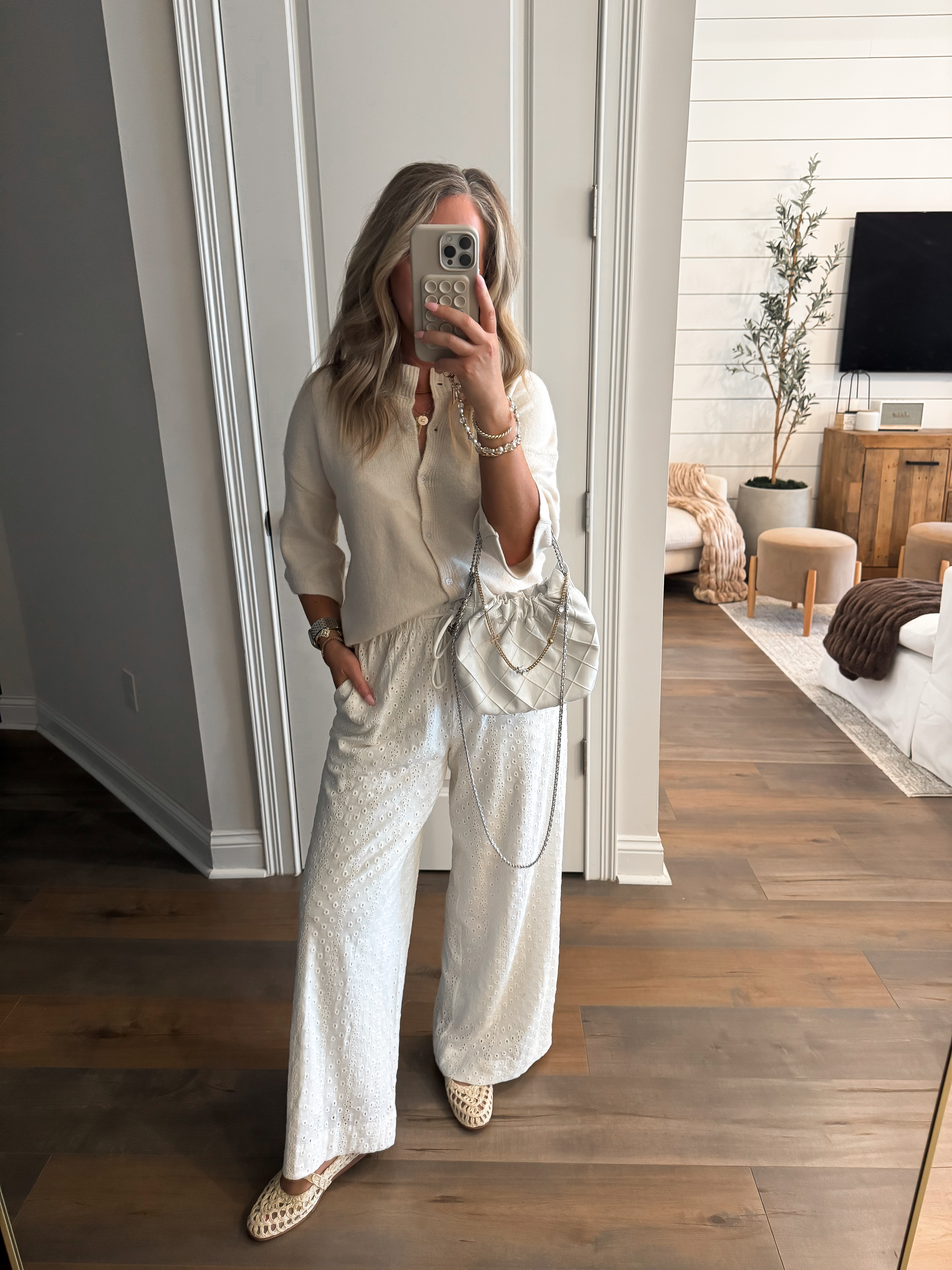 Everyday spring outfit inspo! The comfiest short sleeve and lace pants. Wearing size S!

Eyelet pants, short sleeve cardigan, handbag, ballet flats, mary janes, affordable fashion, look for less, Amazon fashion finds, white, cute capsule wardrobe, styled look.  

 #LTKootd #LTKSeasonal