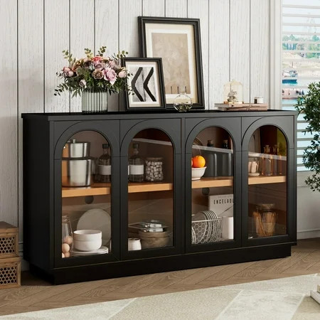 HIUU Arched Cabinet with Glass Doors,Black Sideboard Buffet Cabinet with Glass Doors,Black Sideboard Buffet with Adjustable Shelves for Kitchen, Dining Room and Living Room | Walmart (US)