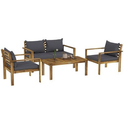 Outsunny 4 Piece Wood Outdoor Furniture Set, Patio Sofa Set with Cushions, Table for  Backyard Lawn Porch, Gray | Target