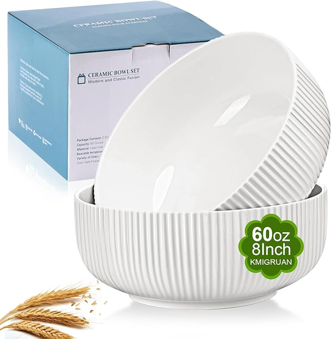 60oz Salad Bowl Set,2 Pack Serving Bowls for Entertaining,8inch Large White Ceramic Bowl for Side... | Amazon (US)
