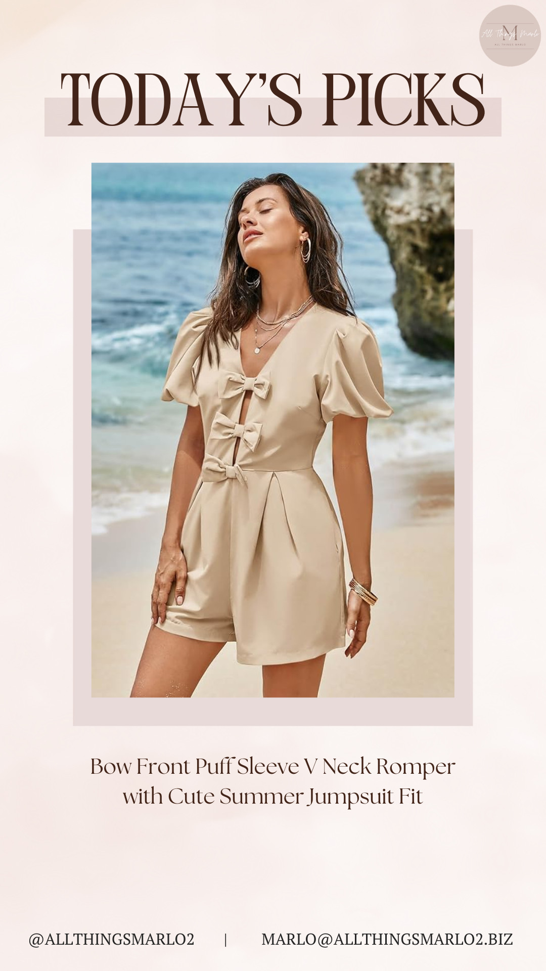 Bow Front Puff Sleeve V Neck Romper with Cute Summer Jumpsuit Fit 

 #LTKSeasonal #LTKWorkwear #LTKTravel
