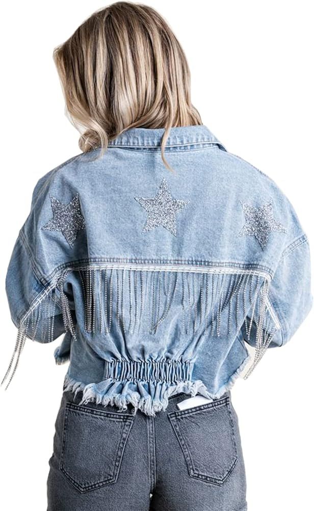 Womens Cropped Rhinestone Fringe Denim Jacket Long Sleeve Ripped Tassel Jean Coat | Amazon (US)
