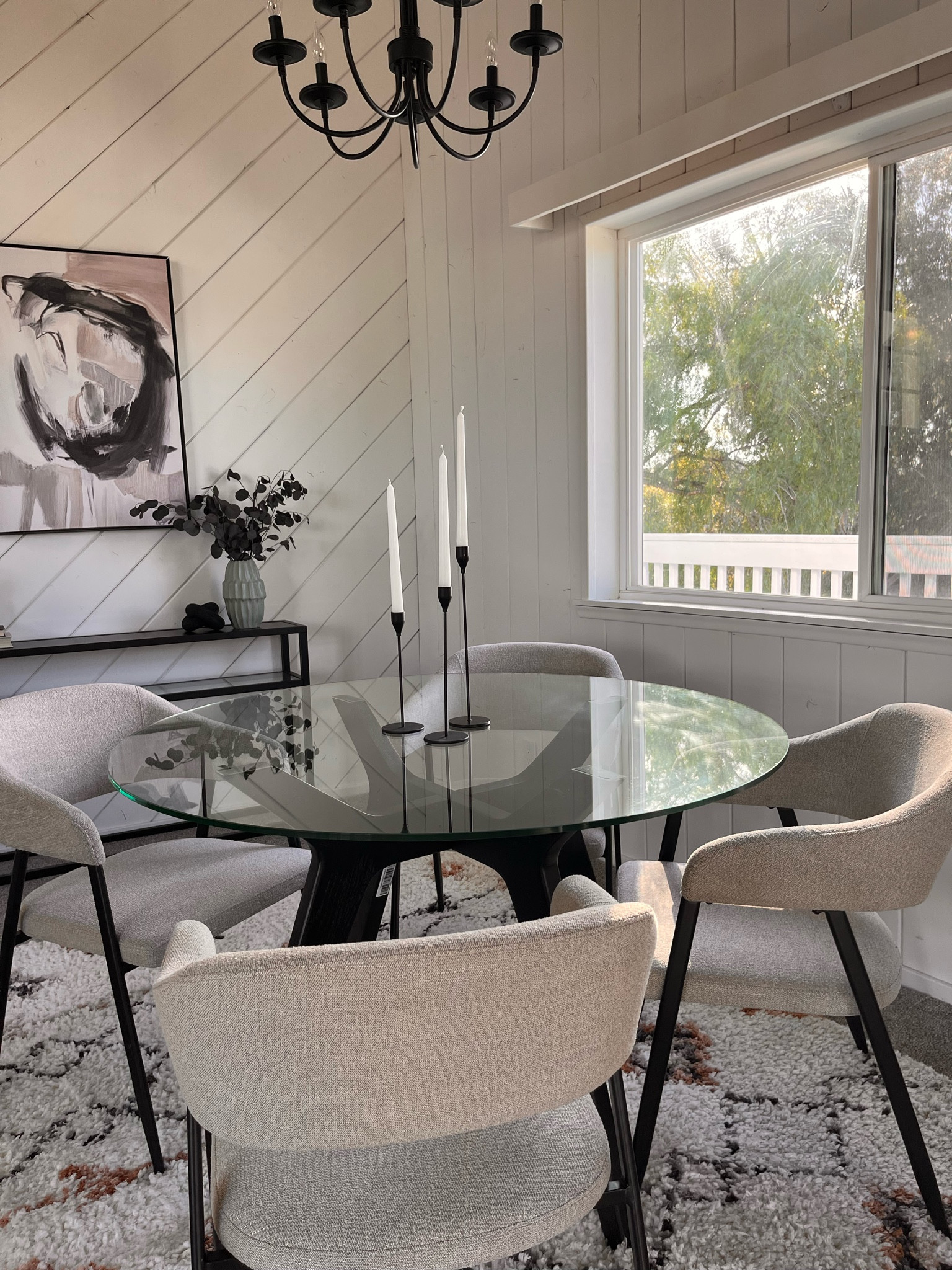 Rug: At Home (C184) Alton Ivory Shag Area Rug, 5x7
Table: Article TAFULO in black 2-4 people 
