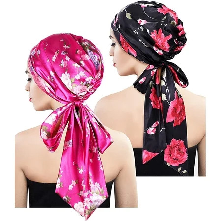 2 Pieces Soft Satin Head Scarf Sleeping Cap Bonnet Headwear Head Cover Turbans for Women (Set 2) | Walmart (US)