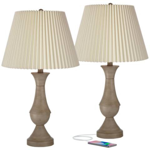 Regency Hill Avery 25" Faux Wood and Ivory Touch USB Lamps Set of 2 | Lamps Plus