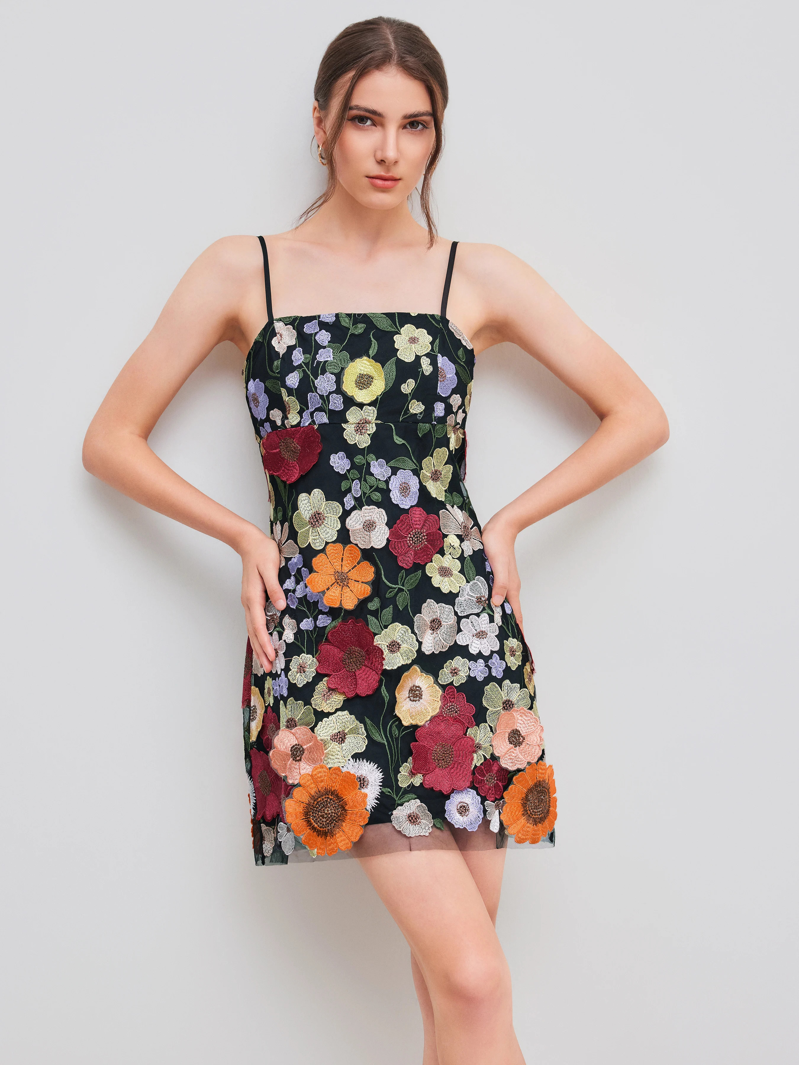 Sabrina Carpenter Outfit Jacquard Jacquard Square Neck Colorful Floral Embroidery Mini Dress For ... | Cider