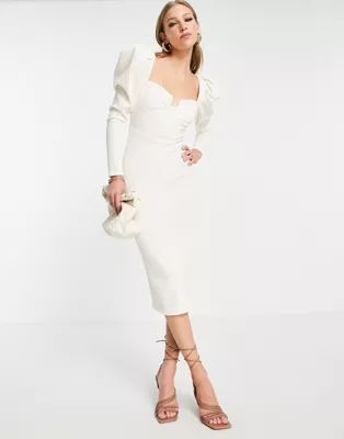 ASOS DESIGN rib puff sleeve midi body-conscious dress in cream | ASOS (Global)