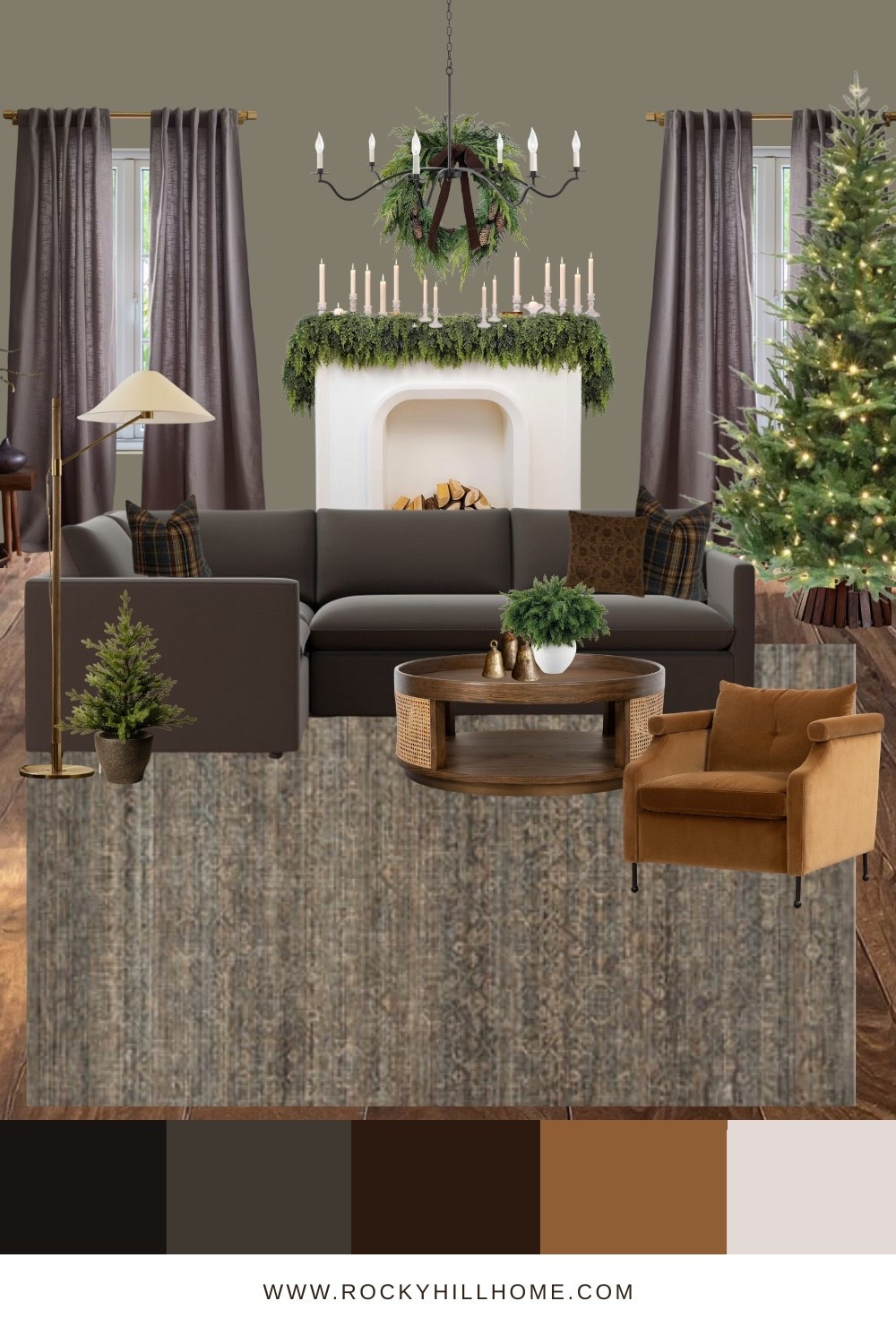 Modern Traditional Christmas living room with a Pottery Barn charcoal sectional sofa, warm McGee and Co velvet armchair, wood coffee table, vintage-style Amber Lewis rug, West Elm modern floor lamp and classic holiday greenery.

#LTKSeasonal #LTKHome #LTKHoliday