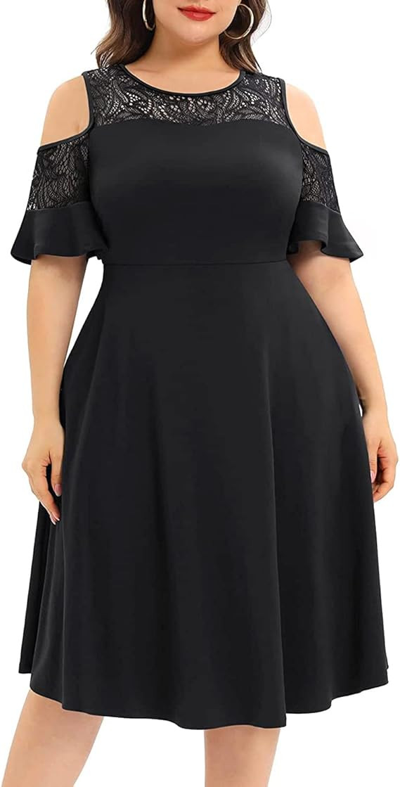 Pinup Fashion Plus Size Cold Shoulder Mesh Neck Wedding Guest Swing Midi Dresses with Pockets | Amazon (US)