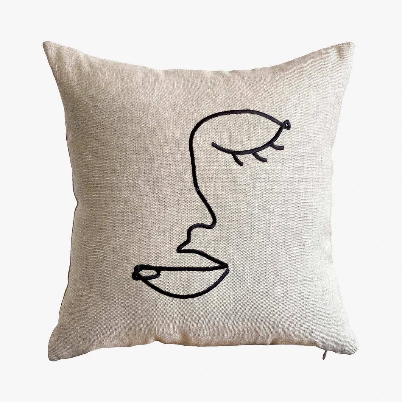 Face Embroidery Cushion Cover  - Beige - Linen | Fy! (UK)