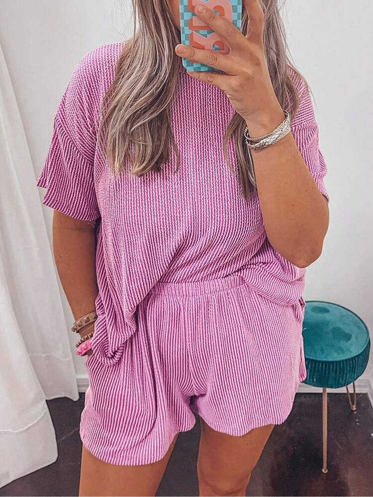 2pcs Plus Size Women Ribbed Knit Loose T-Shirt And Shorts Set | SHEIN