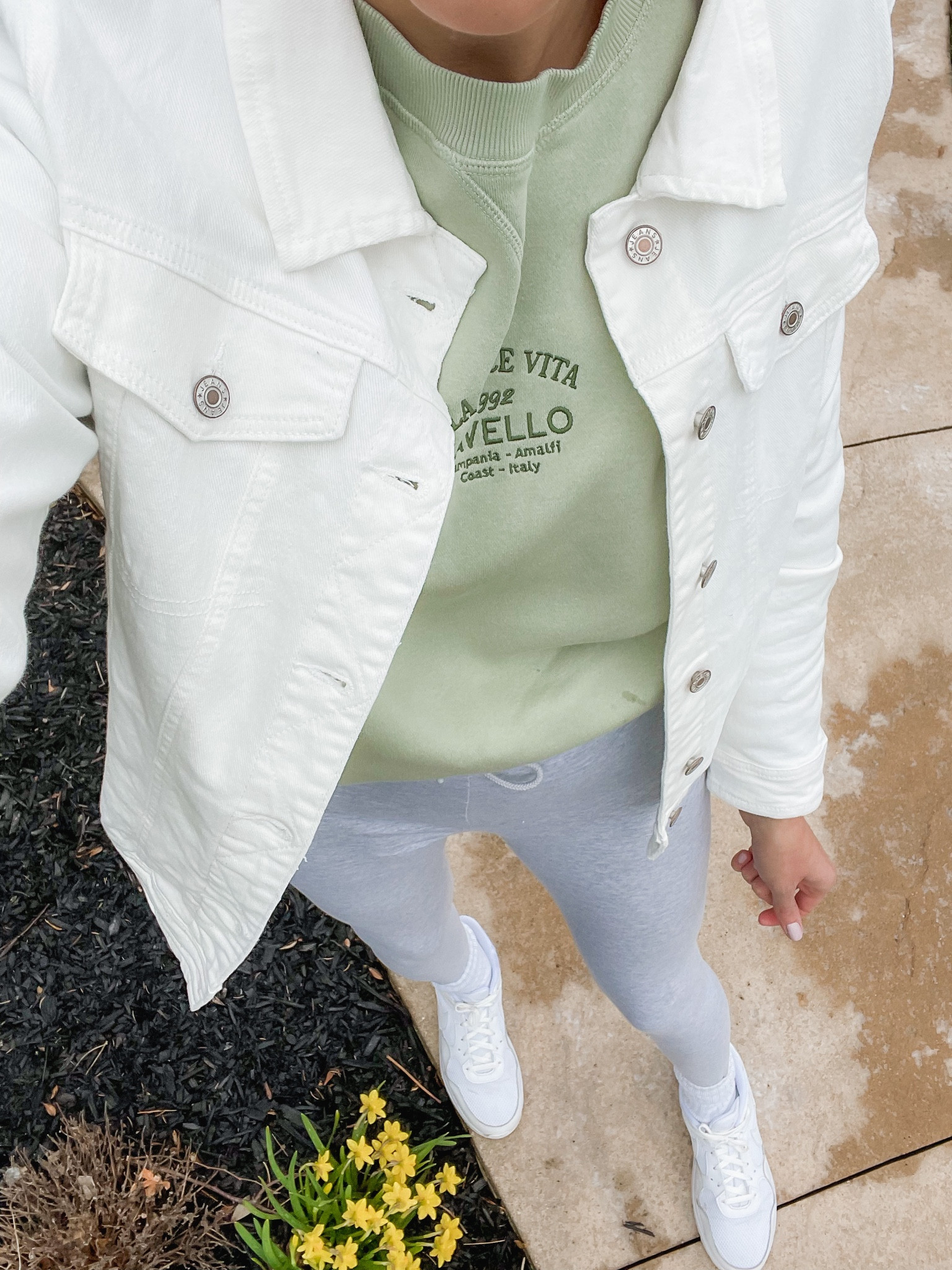 Cold spring day outfit 
Early spring 
Aerie leggings 
White sneakers Nike air max
Graphic sweatshirt 
White denim jacket from amazon 

#LTKunder100 #LTKSeasonal #LTKstyletip