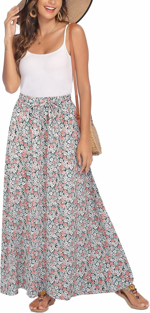 Bluetime Women Flowy Long Skirts Summer Beach Pleated Elastic High Waisted Casual Maxi Skirts | Amazon (US)