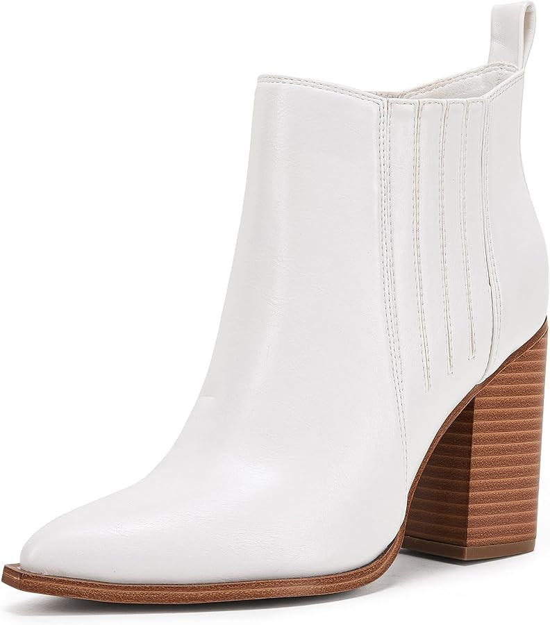 Womens Pointed Toe Slip on Ankle Booties Stacked Mid Block Heel Shoes Faux Leather Boots | Amazon (US)